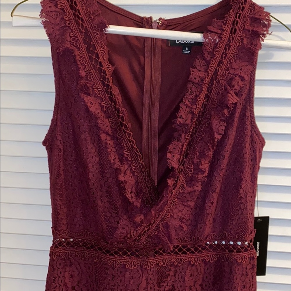Lulus Burgundy Lace Ruffle Midi - Picture 3 of 7